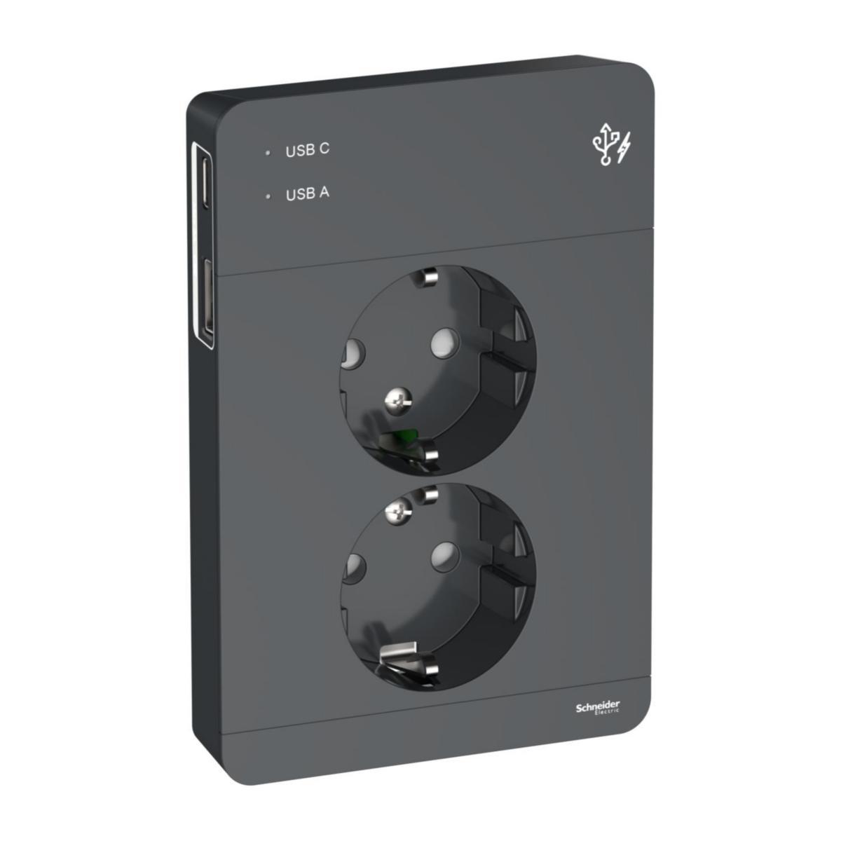 Wall socket 2-way with USB charging Type A + C, Exxact - DSO SCREWLESS USB 15W ANTHR WDE003395