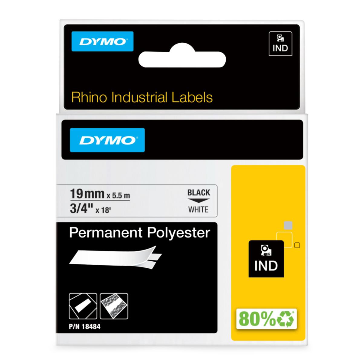 Polyester Tape Dymo Rhino IND Permanent - TAPE DYMO IND 19 MM X 5,5M PERM. POLYESTER BLACK ON WHITE