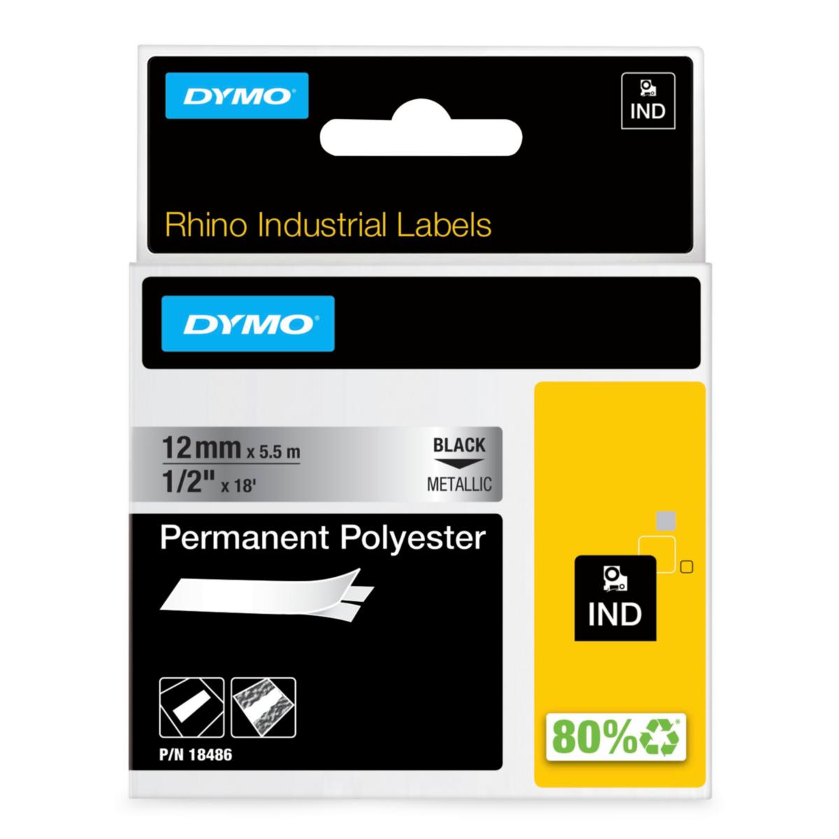Polyester Tape Dymo Rhino IND Permanent - TAPE DYMO IND 12 MM X 5,5M PERM POLYESTER BLACK ON METALL