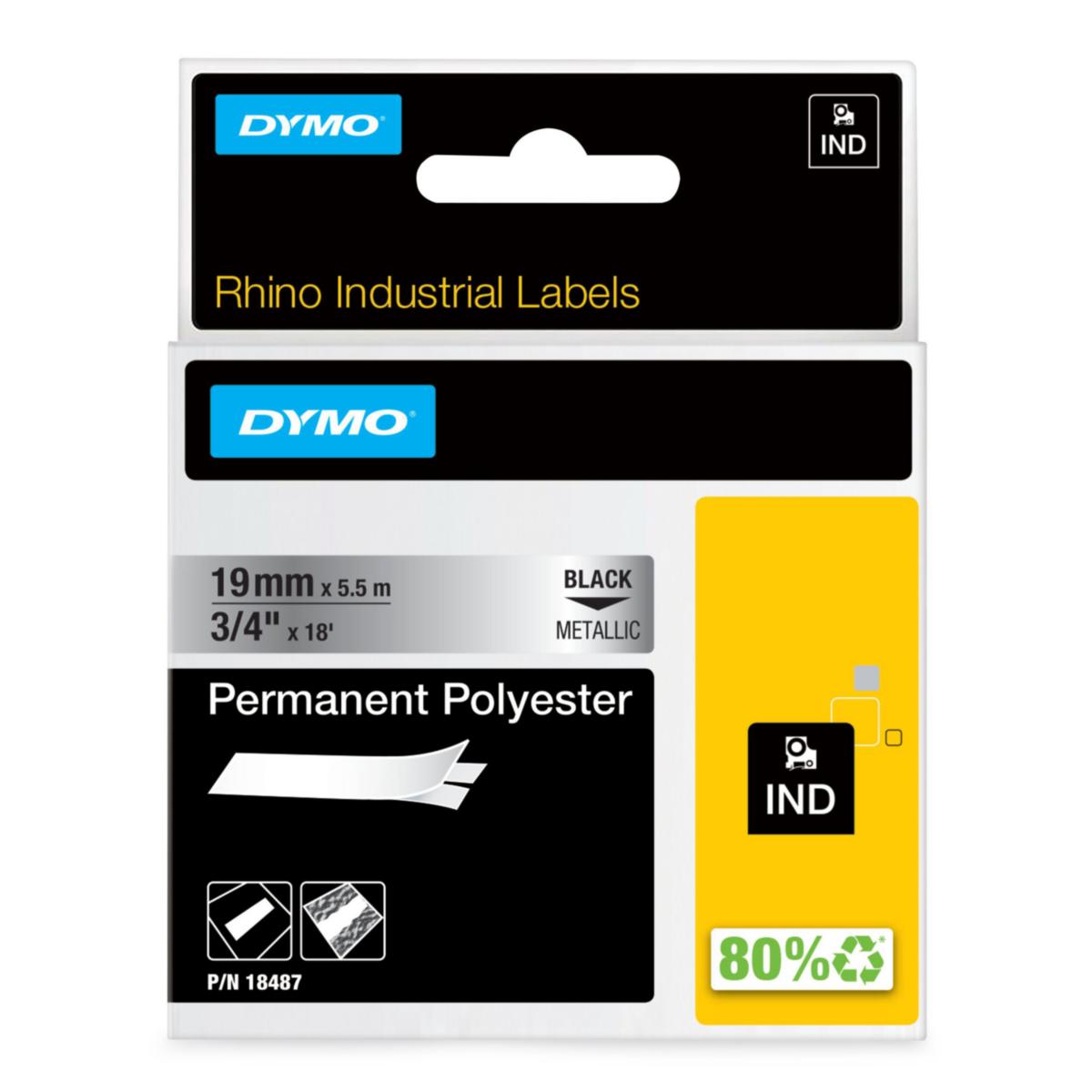 Polyester Tape Dymo Rhino IND Permanent - TAPE DYMO IND 19 MM X 5,5M PERM POLYESTER BLACK ON METALL