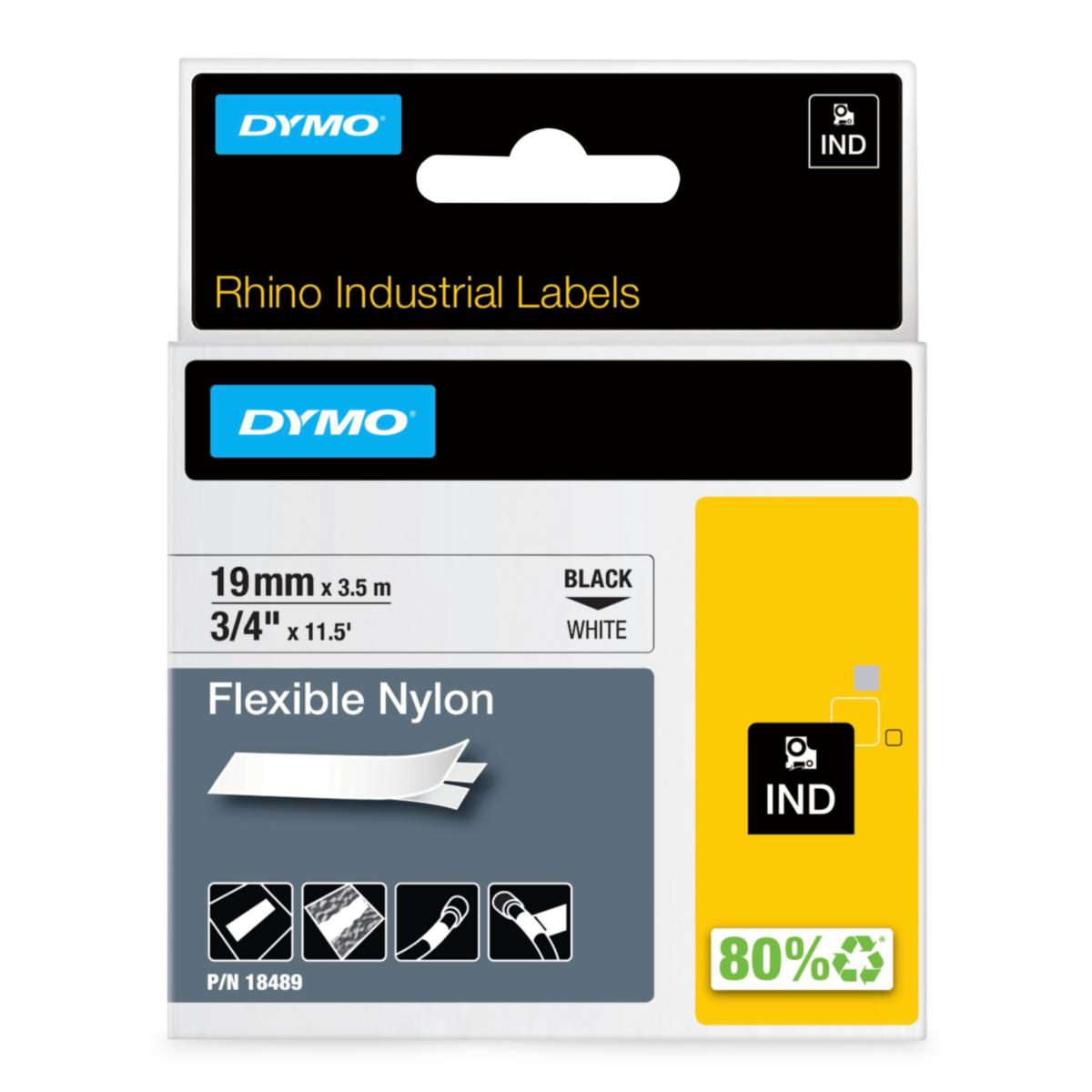 Nylontejp Dymo Rhino IND Flexibel - MÄRKTEJP DYMO IND 19 MM X 3,5M FLEXIBEL NYLON SVART PÅ VIT
