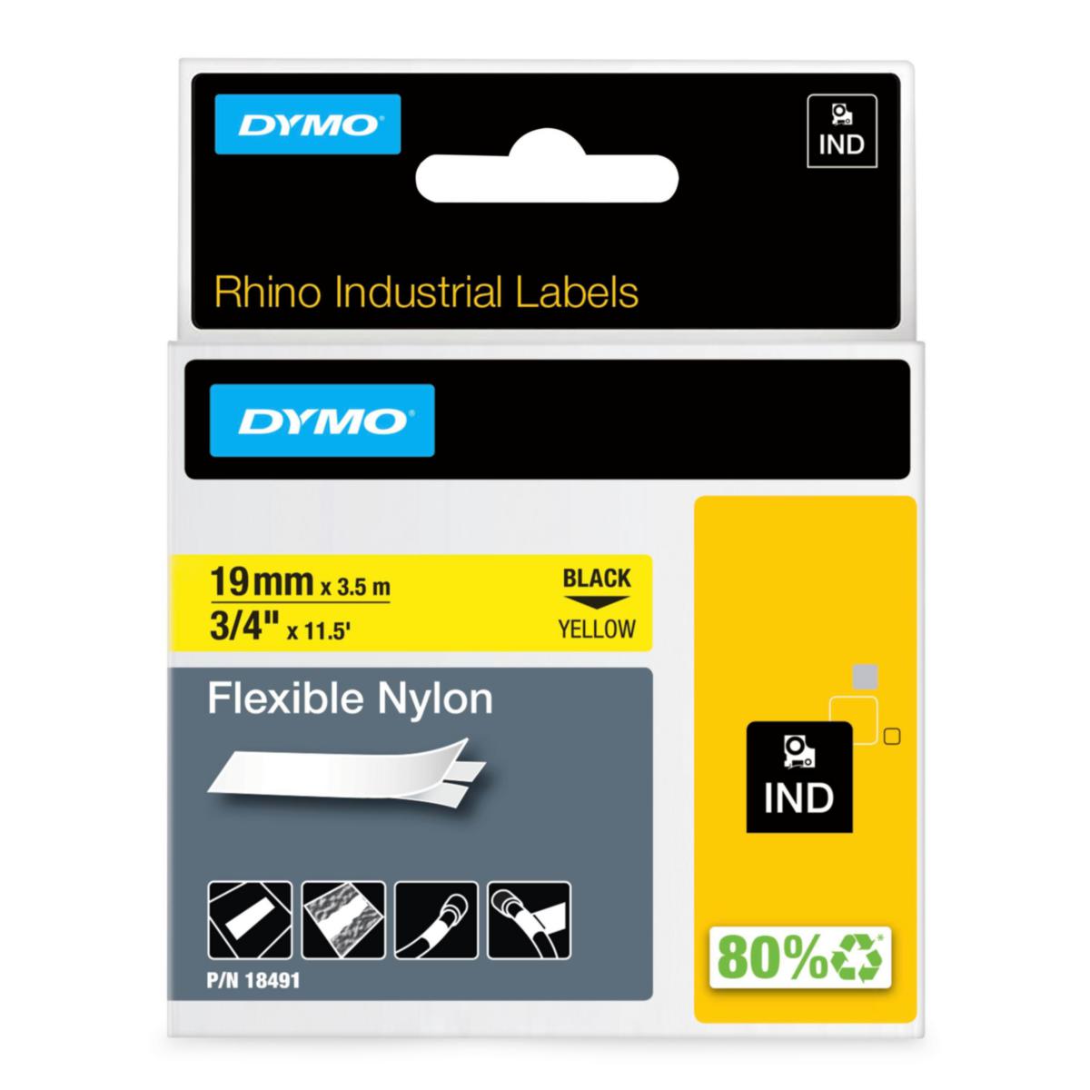 Nylontejp Dymo Rhino IND Flexibel - MÄRKTEJP DYMO IND 19 MM X 3,5M FLEXIBEL NYLON SVART PÅ GUL