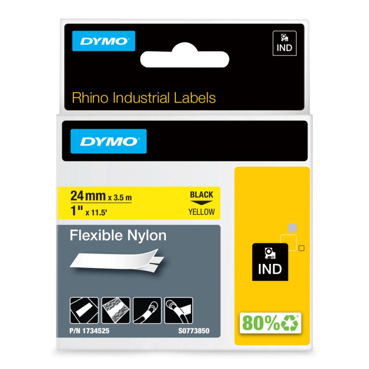 Nylontejp Dymo Rhino IND Flexibel - MÄRKTEJP DYMO IND 24 MM X 3,5M FLEXIBEL NYLON SVART PÅ GUL