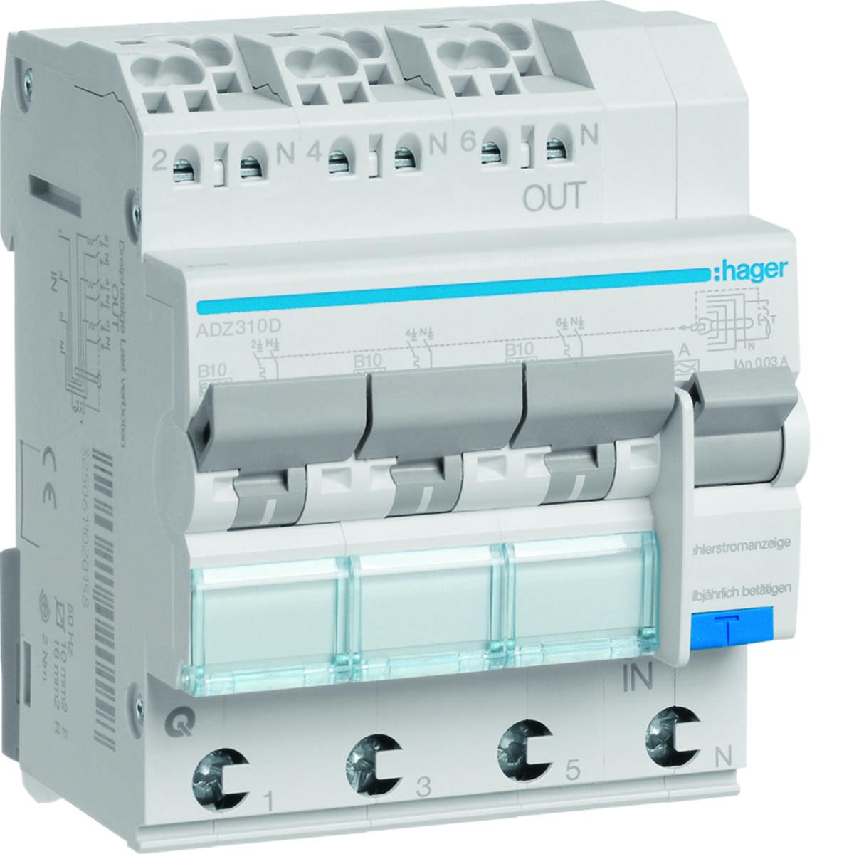Residual current circuit breaker ADZ, B characteristics, 6kA, Hager - SINGLE ANGLE FLANGE-LIGHT METAL
