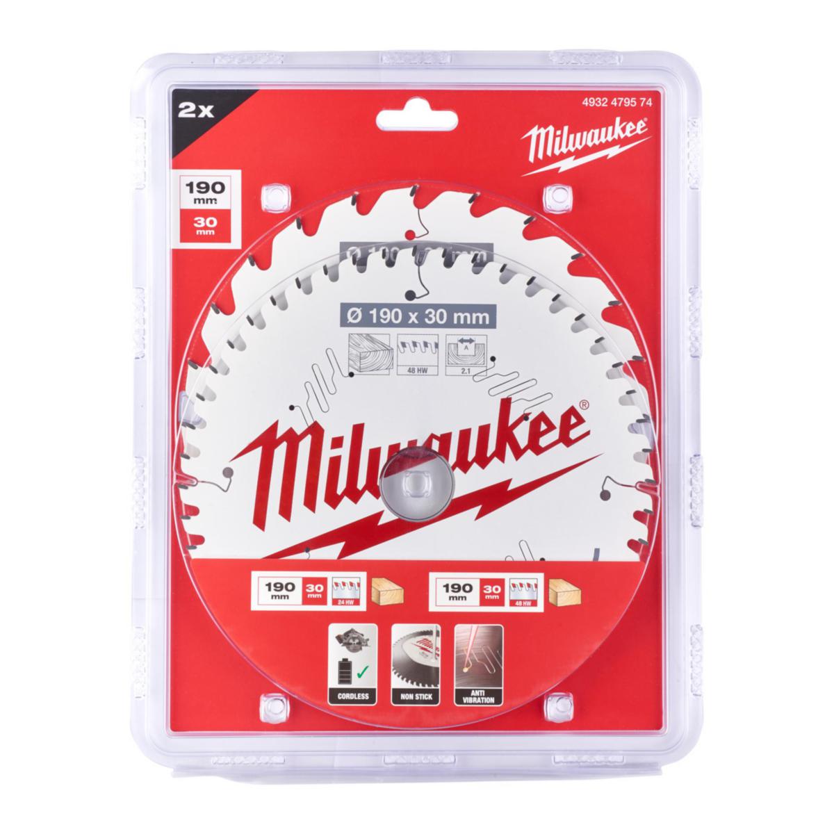 Circular Saw Blade Milwaukee W190X24T/48T 2P - CIRCULAR SAWBLADE MILWAUKEE P W 190X 24T/48T TWIN 2P