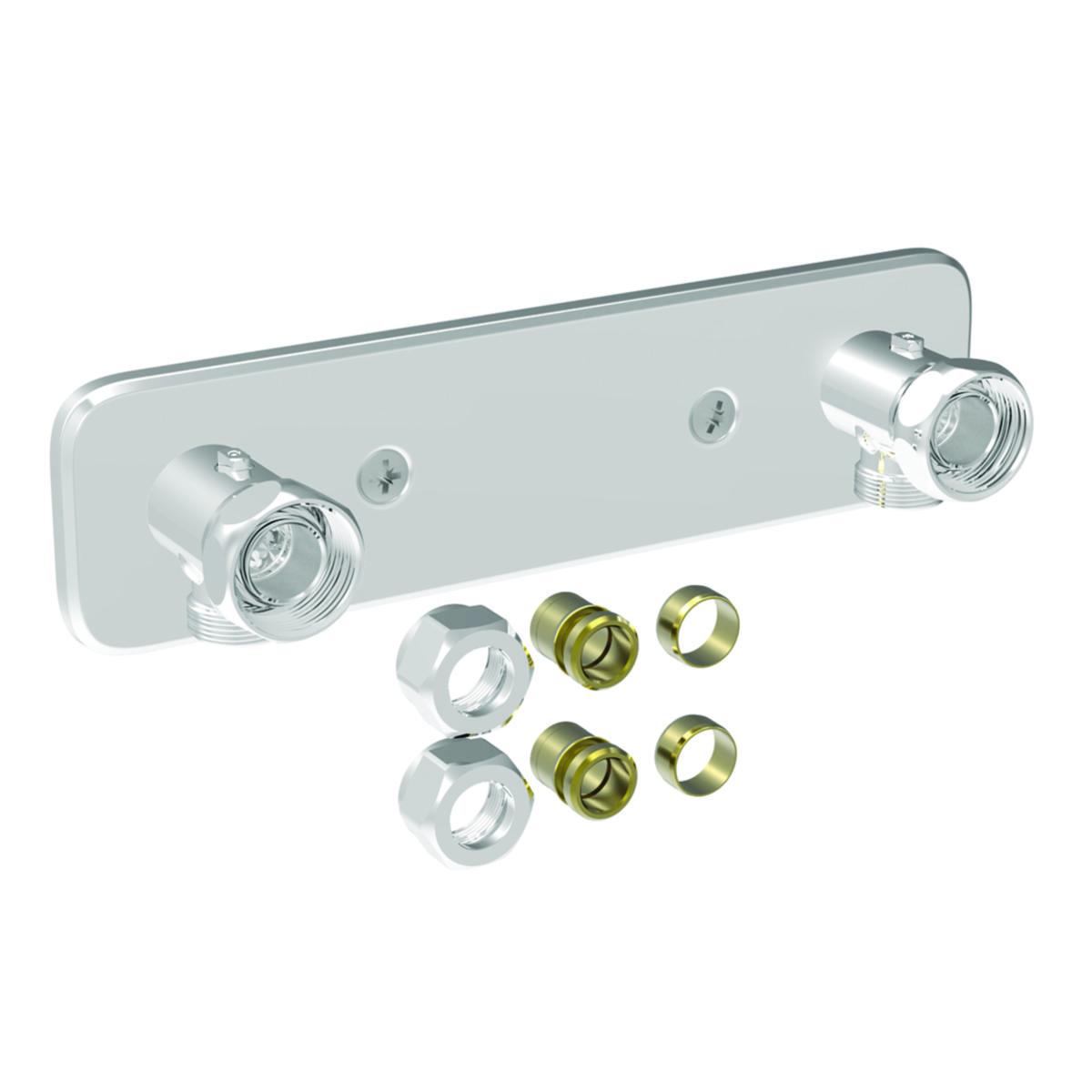 Mixer bracket chrome for V6 wall penetration system visible, Vatette - VATETTE MIXER BRACK.V6 160 CC OUTSIDE PIPE W SHUTV Ø12/15CU
