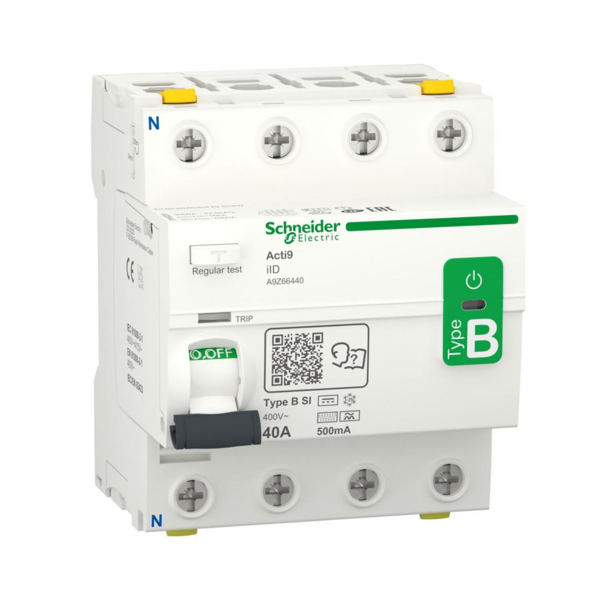 Jordfelsbrytare Acti9 2/4-pol typ B-SI - JORDFELSB A9 4P 40A 500MA B-SI A9Z66440