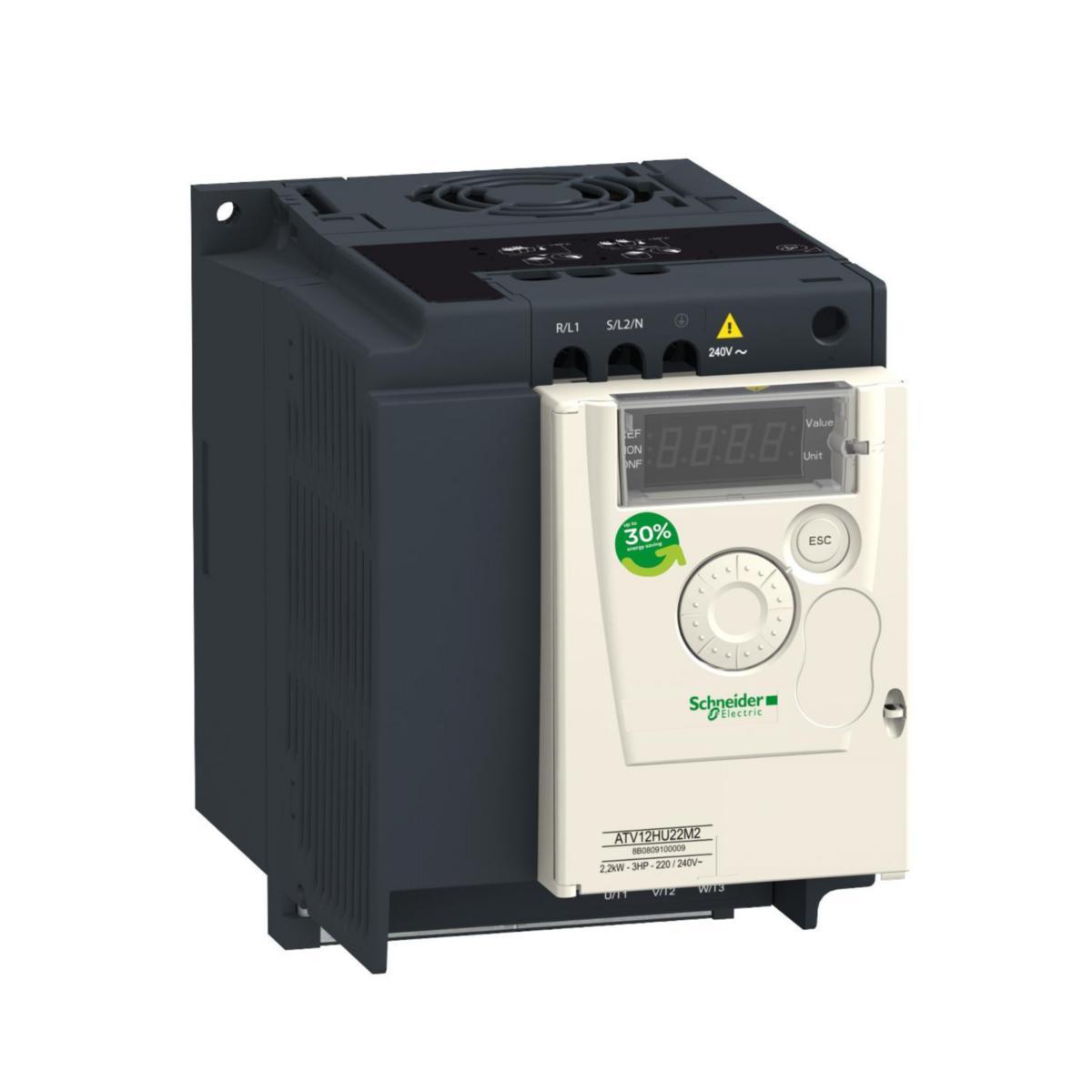 Frekvensomriktare Altivar 12 1-fas 230 V IP20 med kylare, inbyggt EMC-filter - FREKV.OMR 1-F 230V 2,2KW M KYL ATV12HU22M2