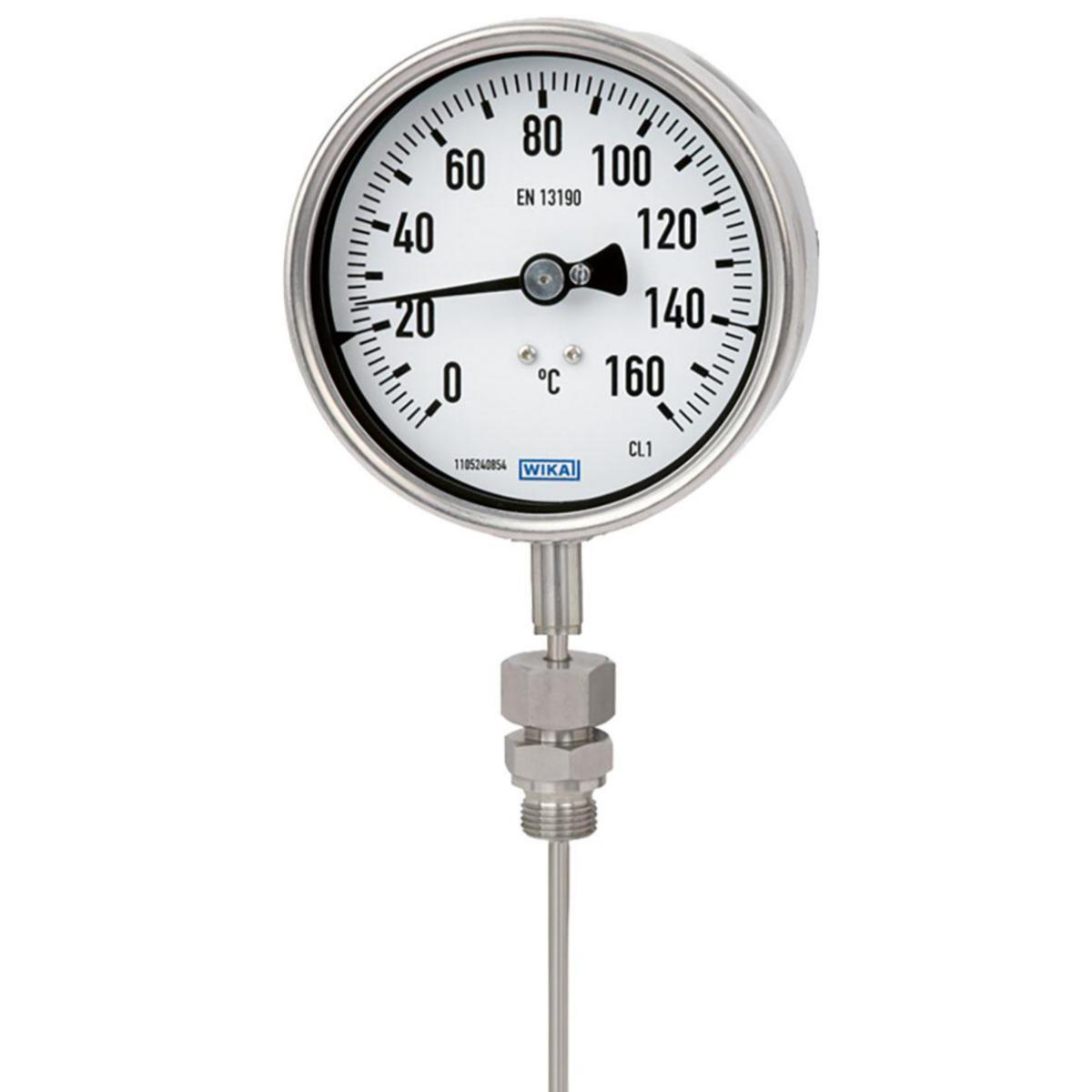 Termometer 5502/4 anslutning M18x1,5 skjutbar förskruvning med nedåtriktad känselkropp - TERMOMETER M18x1,5 RF HUS100MM 5502/4 0+60°C L1-130X6 MM