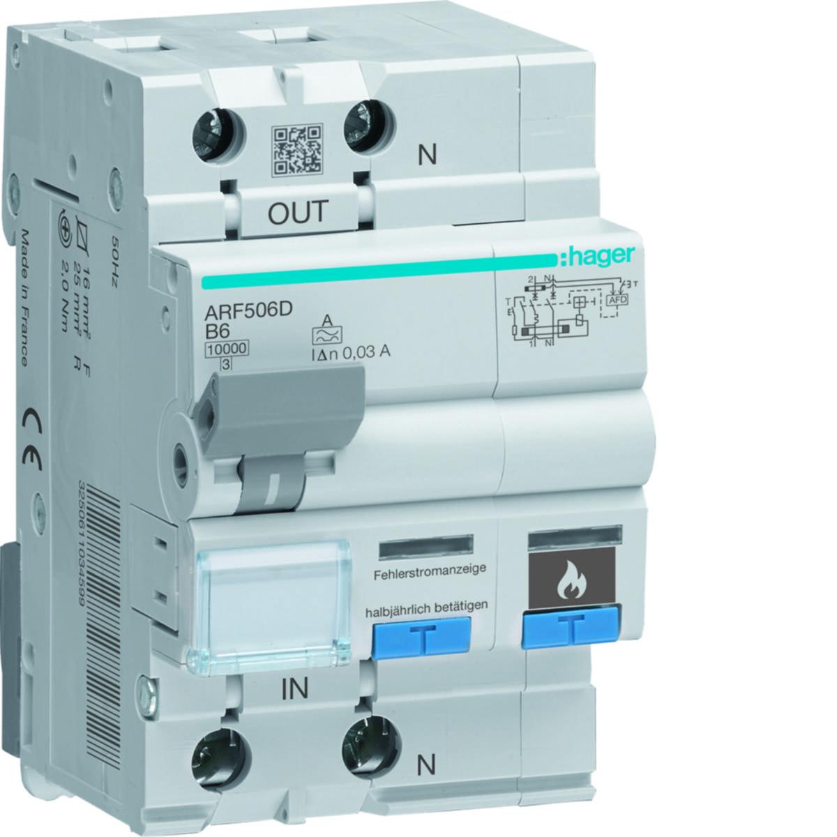 Personskyddsbrytare AFDD med ljusbågsdetektor typ B 10kA ARF - PSB MED AFDD 6A B KAR 10KA ARF506D