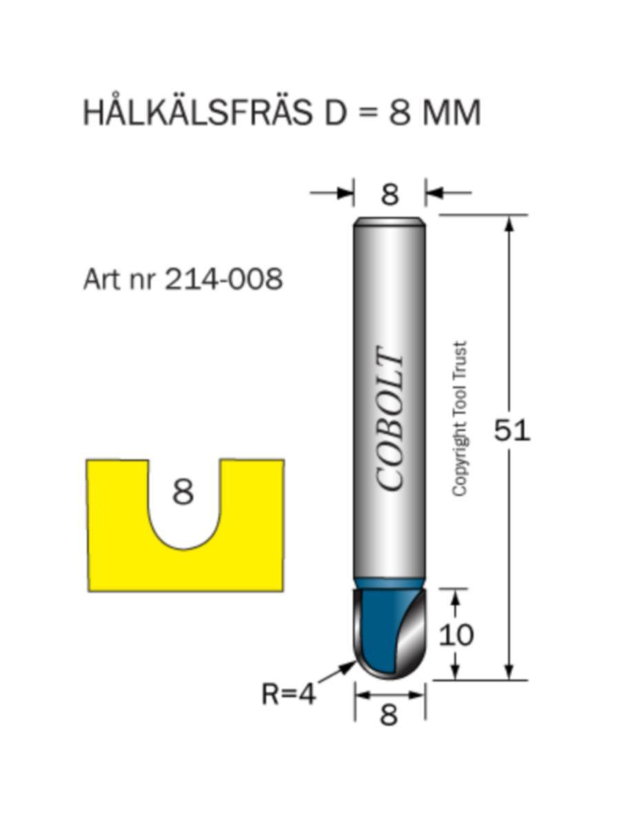 Hålkäls fräs Cobolt - CORE BOX BIT HM COBOLT D8 R4 L10 TL51 S8