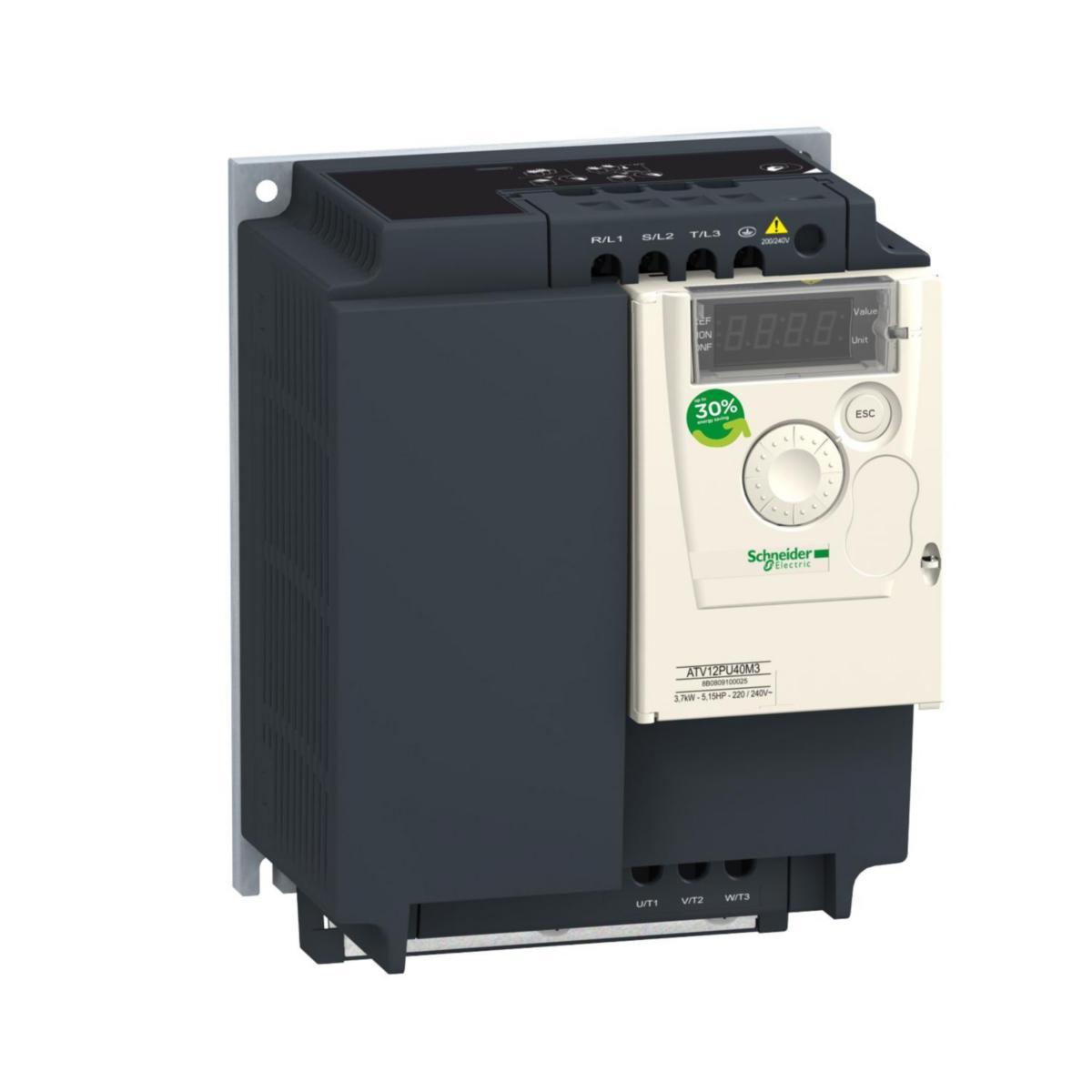 Frekvensomriktare Altivar 12 3-fas 230 V IP20 utan EMC-filter - FREKV.OMR 3-F 230V 4KW U KYL ATV12PU40M3
