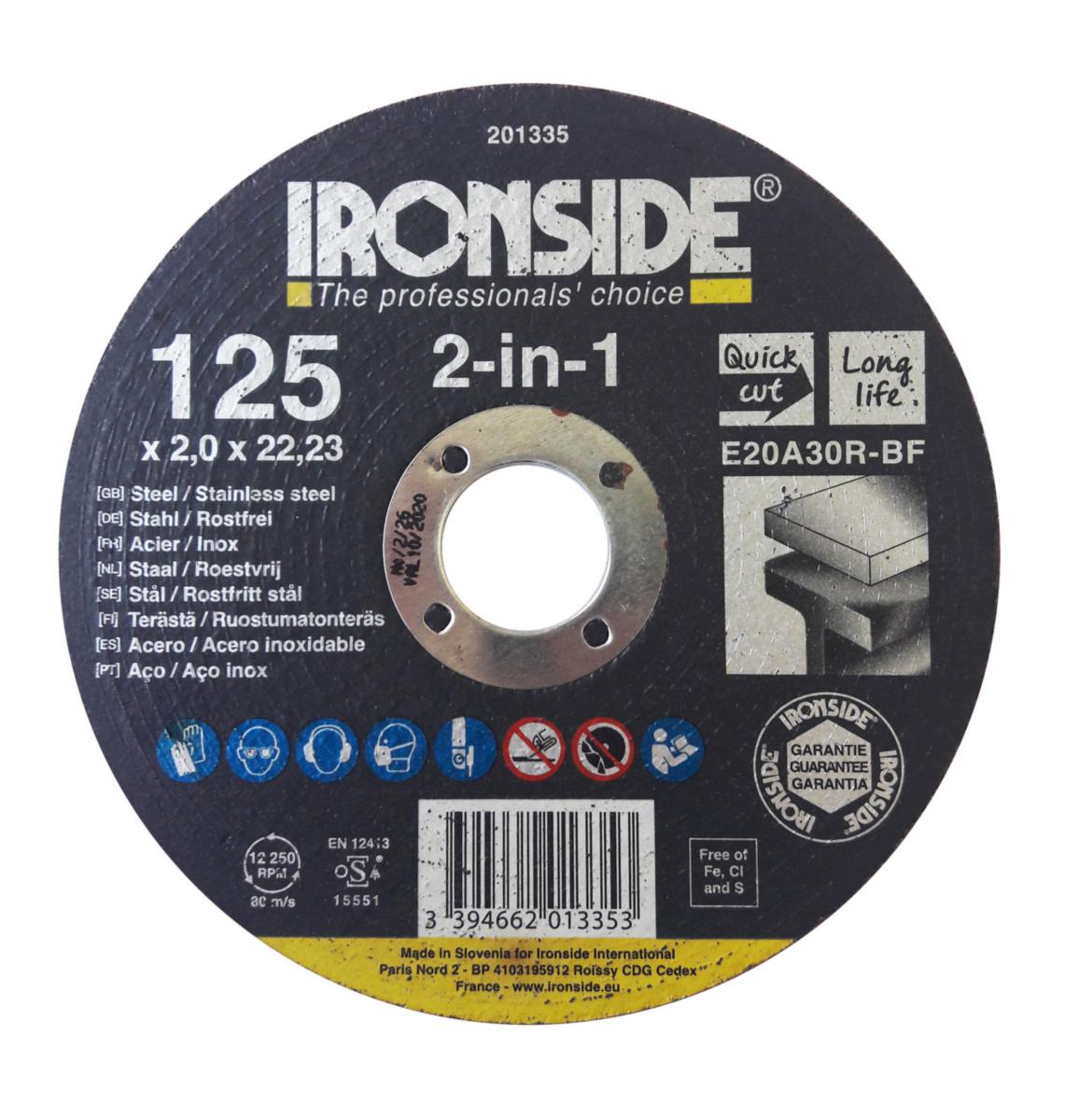 Kapskiva Ironside F41 Stål/rostfritt stål - KAPSKIVA IRONSIDE 125X2.0X22 F41 E20A 2IN1 201335