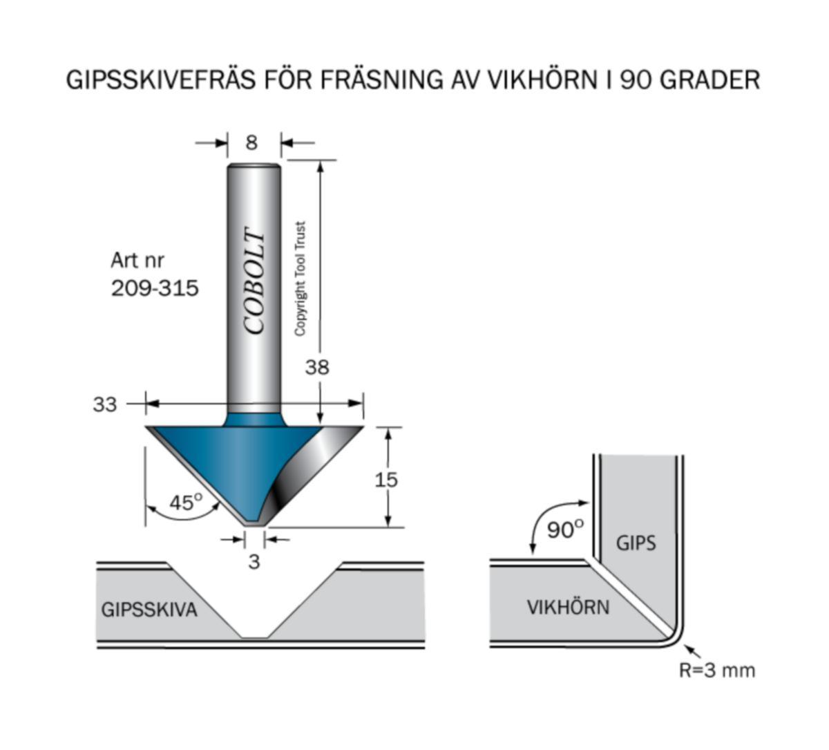 Gipskivefräs Cobolt HM - GIPSSKIVEFRÄS HM COBOLT 45° D33 L15 TL53 S8 SPETS D3