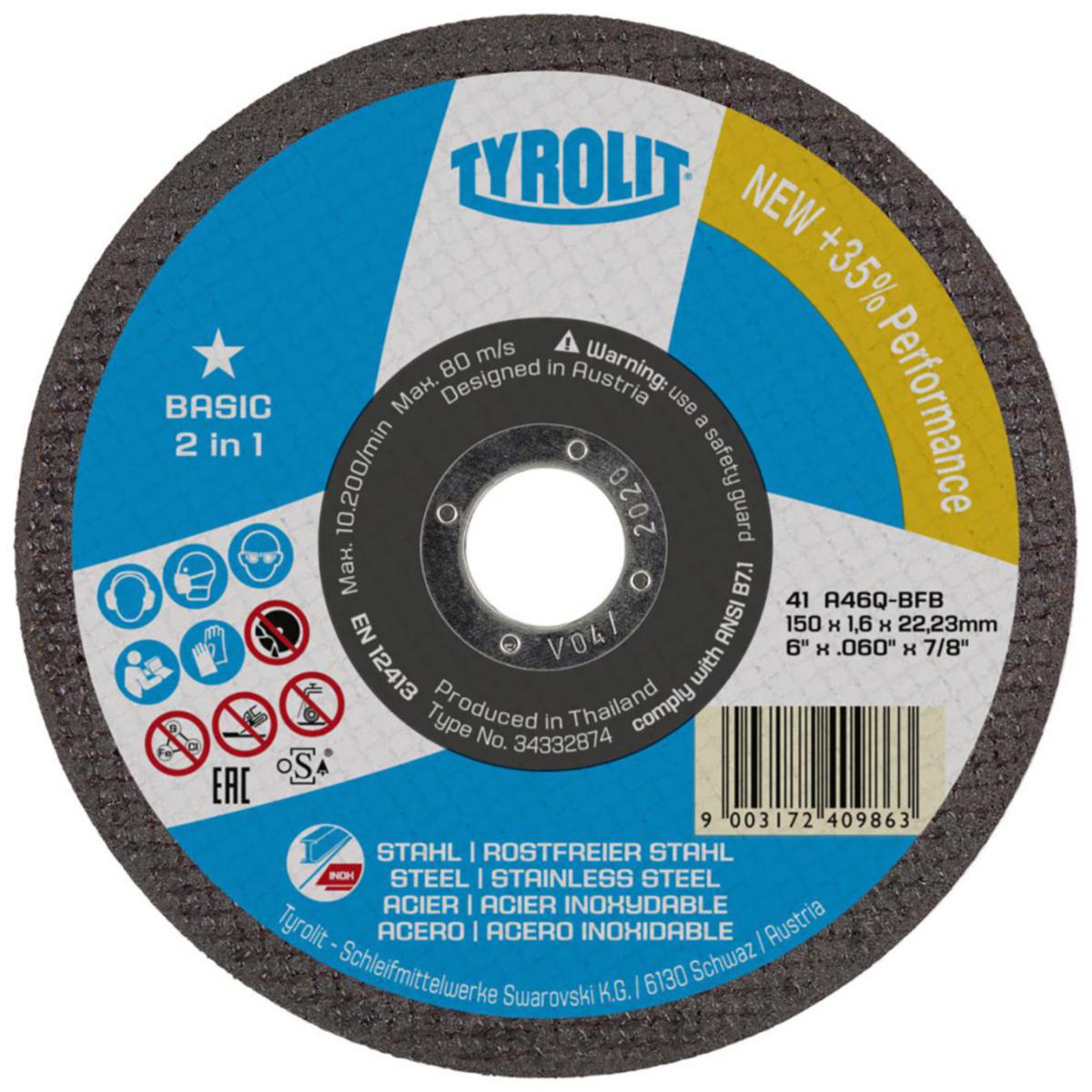 Cutting Disc Tyrolit Basic Super Thin 2in1 - CUTTING DISC TYROLIT BASIC 41C 2IN1 115X1.6X22.23 A46Q-BFB