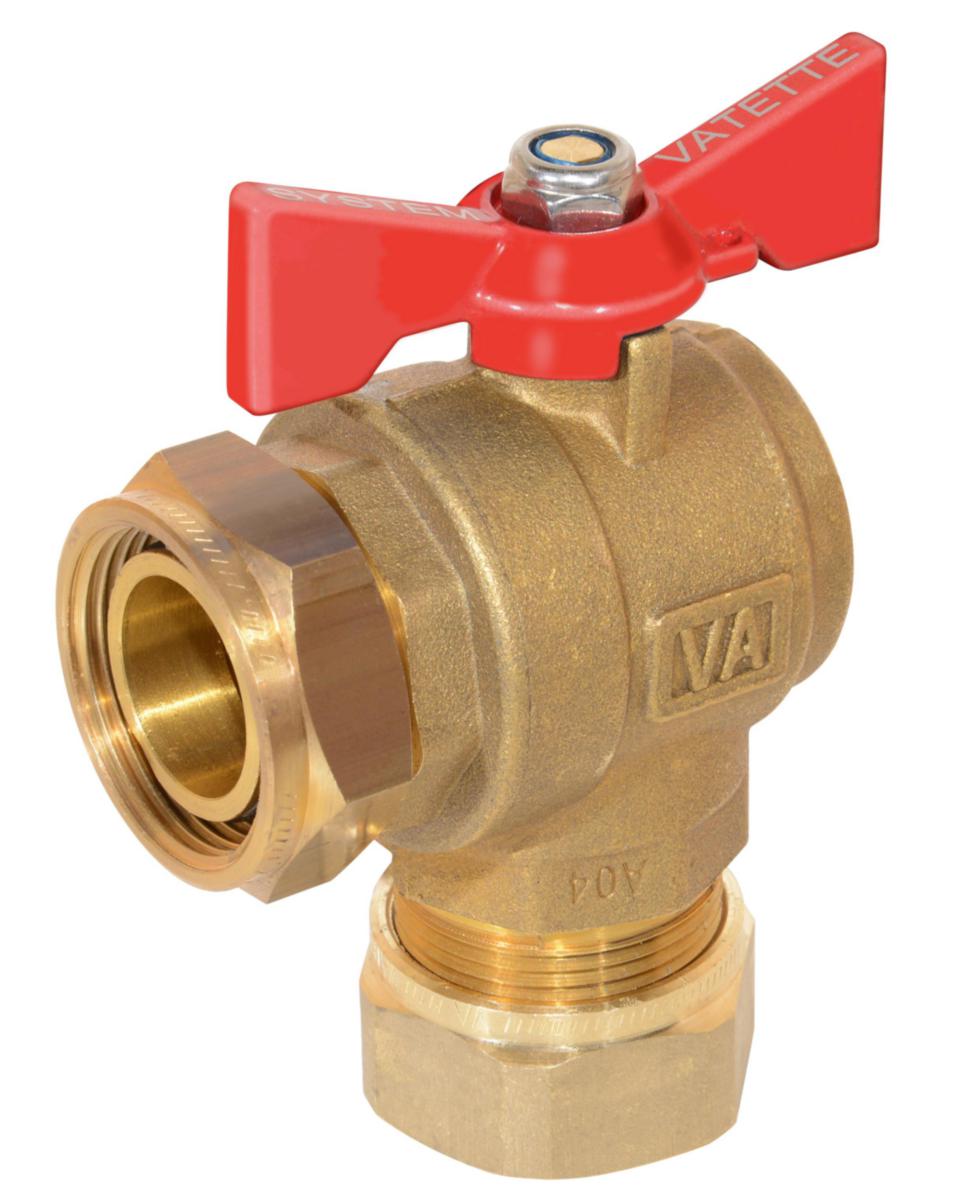 Avstängningsventil för fördelare, Vatette - VA FULLFLÖDESVENT. VINKEL, RÖD 22MM (DN20) KLÄMRINGXLÖPMUTTER