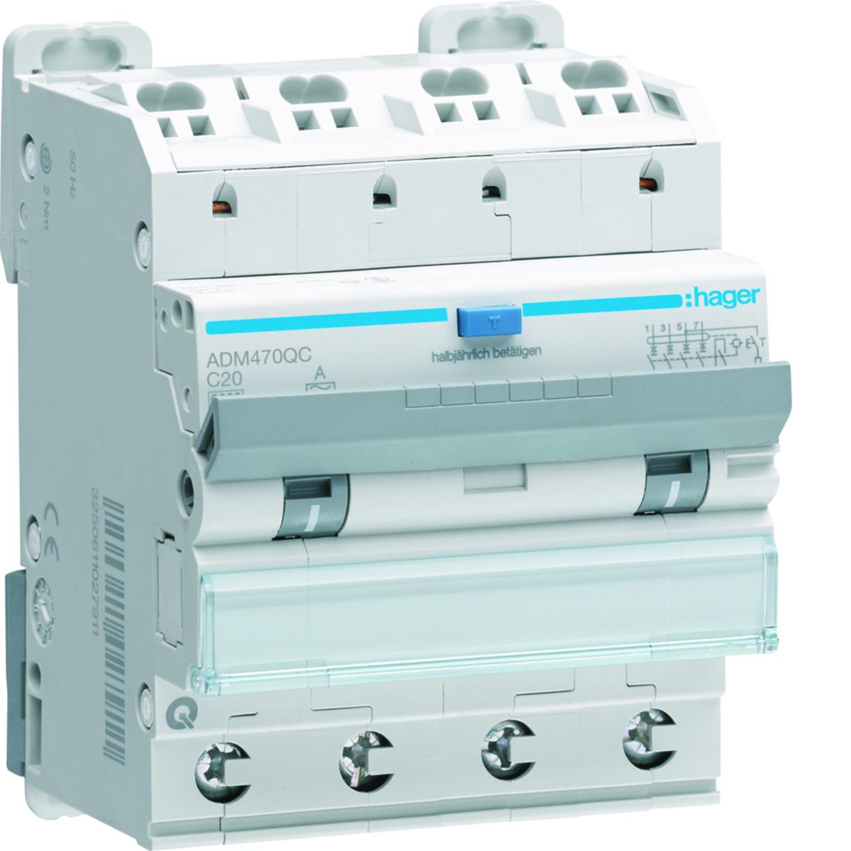 Personskyddsautomat 4-pol 6kA, C -Karakteristik typ A, Quick Connect - PERSONBR 4P C20A 30MA A 6KA QC ADM470QC