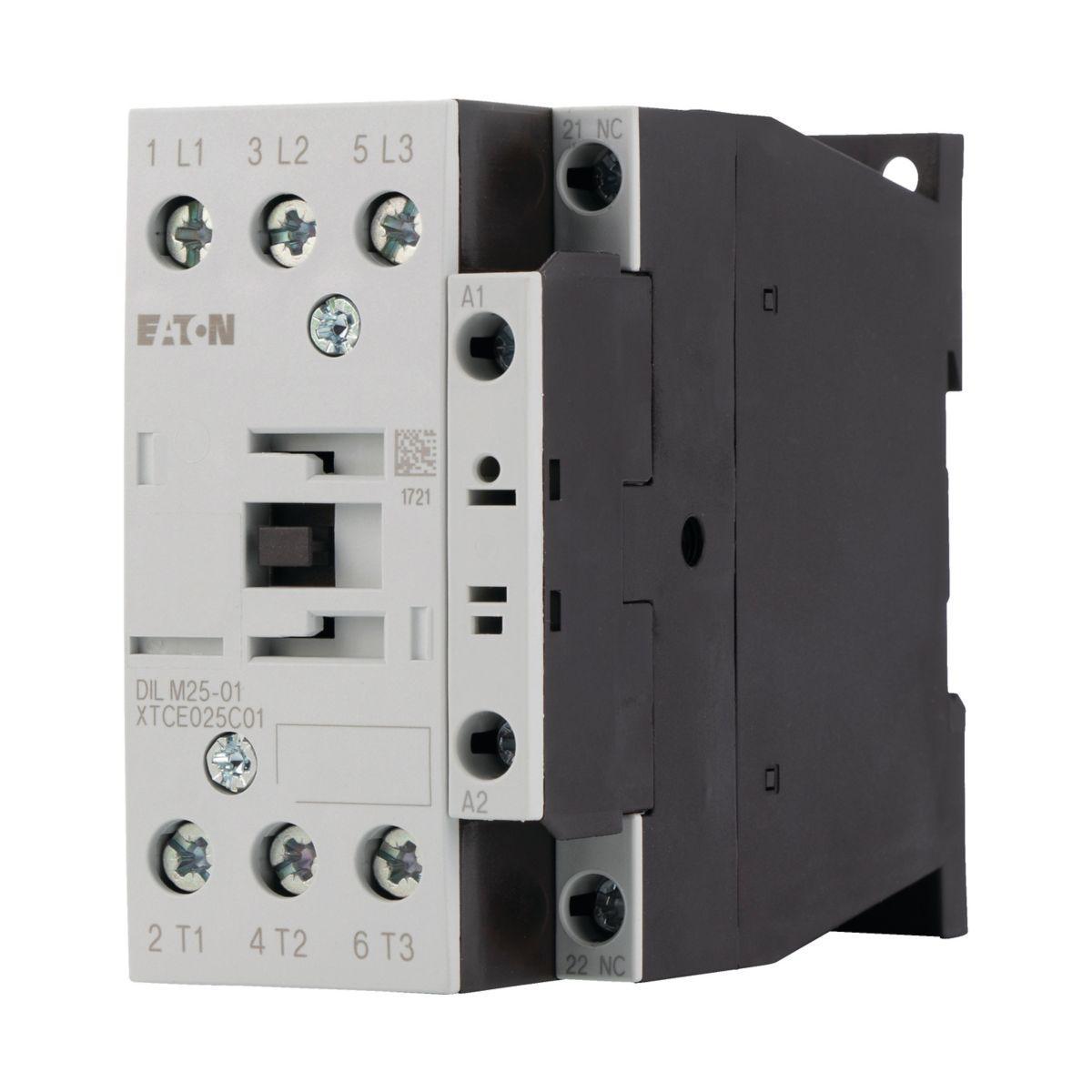 Kontaktor 3-polig 3-90 kW DILM7-DILM38, med inbyggd hjälpkontakt , Växelspänningsmanöver - KONTAKTOR 1NC,11KW 25A DILM25-01(400V50HZ,440V60HZ)