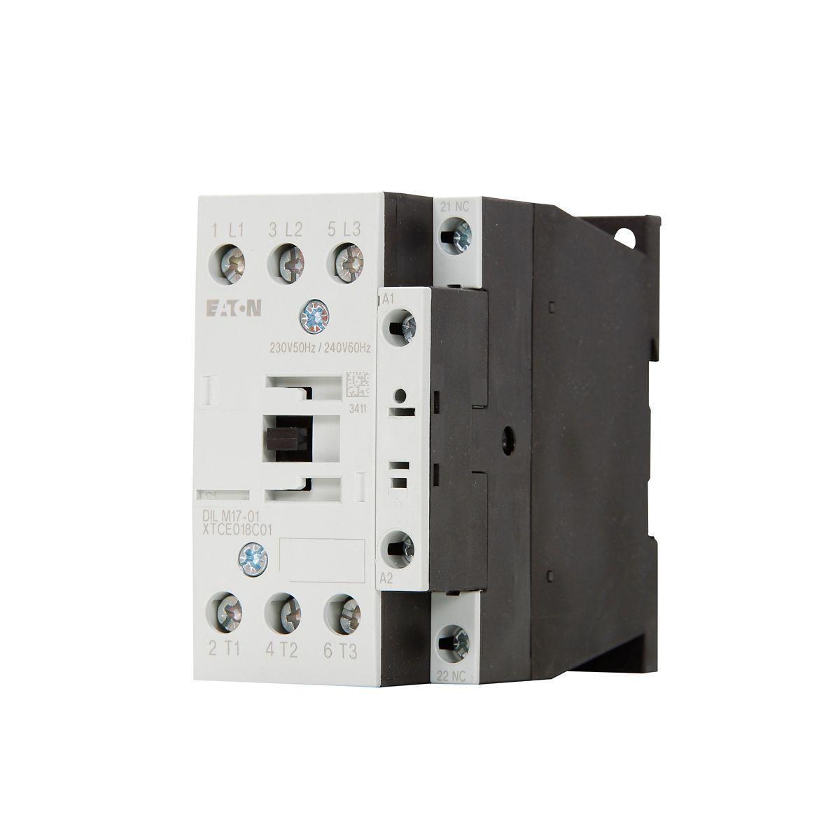 Kontaktor 3-polig 3-90 kW DILM7-DILM38, med inbyggd hjälpkontakt , Växelspänningsmanöver - KONTAKTOR 1NC,7.5KW 17A DILM17-01(230V50HZ,240V60HZ)