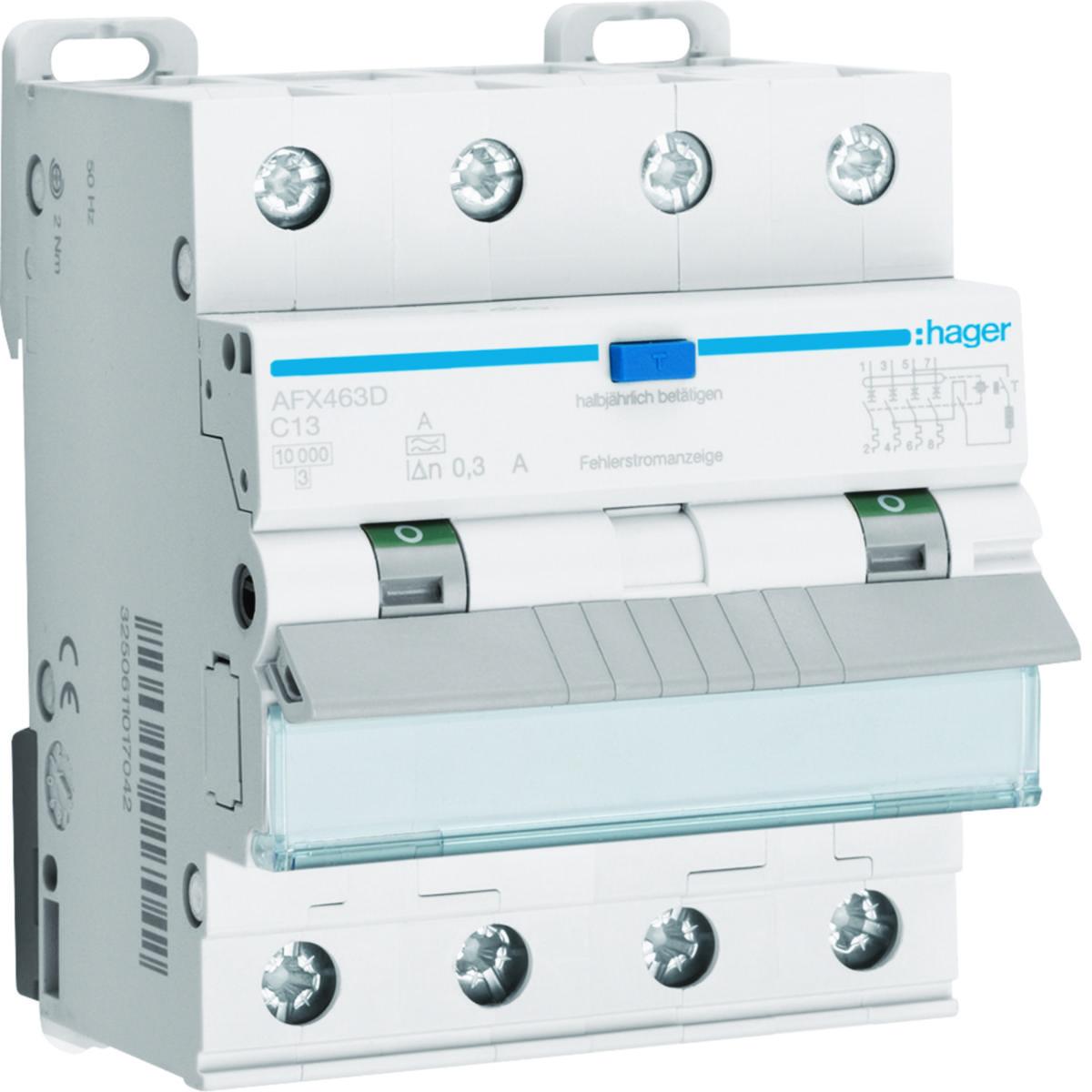Personskyddsautomat 4-pol 300mA, 10kA, C-Karakteristik typ A - PERSONSKBR 4P 10KA C13A 300MA AFX463D
