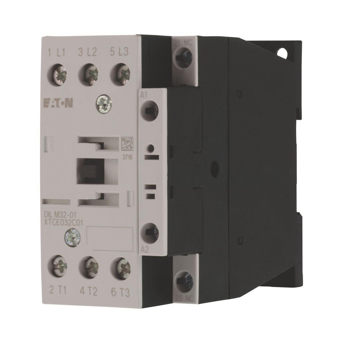 Kontaktor 3-polig 3-90 kW DILM7-DILM38, med inbyggd hjälpkontakt , Växelspänningsmanöver - KONTAKTOR 1NC,15KW 32A DILM32-01(400V50HZ,440V60HZ)