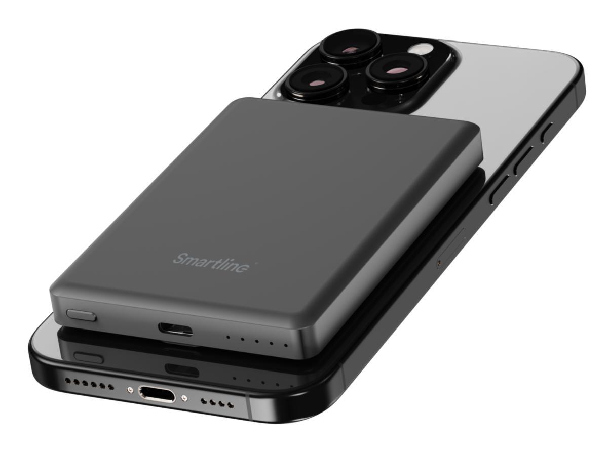 Powerbank, Qi2 + USB-C, magnetisk, 5000 mAh - POWERBANK QI2 15W/20W GRÅ 5000 MAH SMARTLINE