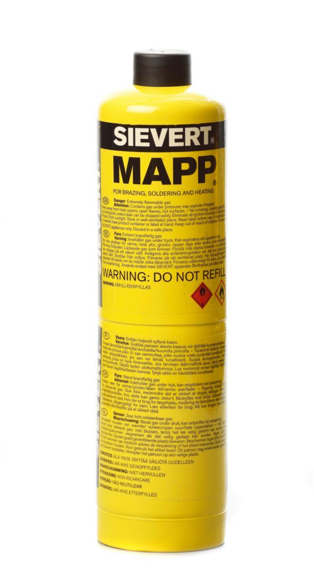 Gasolbehållare Sievert engångs inklusive gas - GASFLASKA SIEVERT 380GR MAPP EU 7/16 ANSL. 640ML (UN1077)