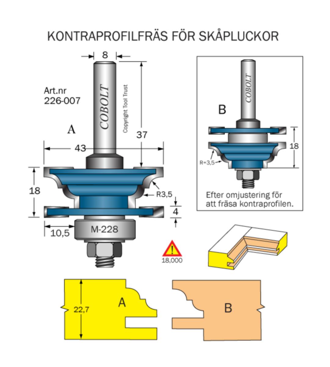 Counter profile cutter Cobolt HM - STILE & RAIL BIT HM COBOLT D43 R3.5 TENON4 L22.7 S8 BB:M228