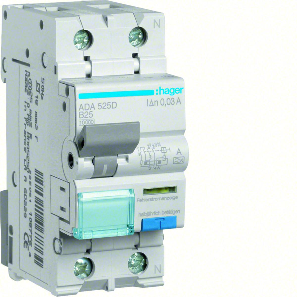 Personskyddsautomat, 10kA, Karakteristik B - PERSONSK AUT 1P+N B25A 30MA ADA525D