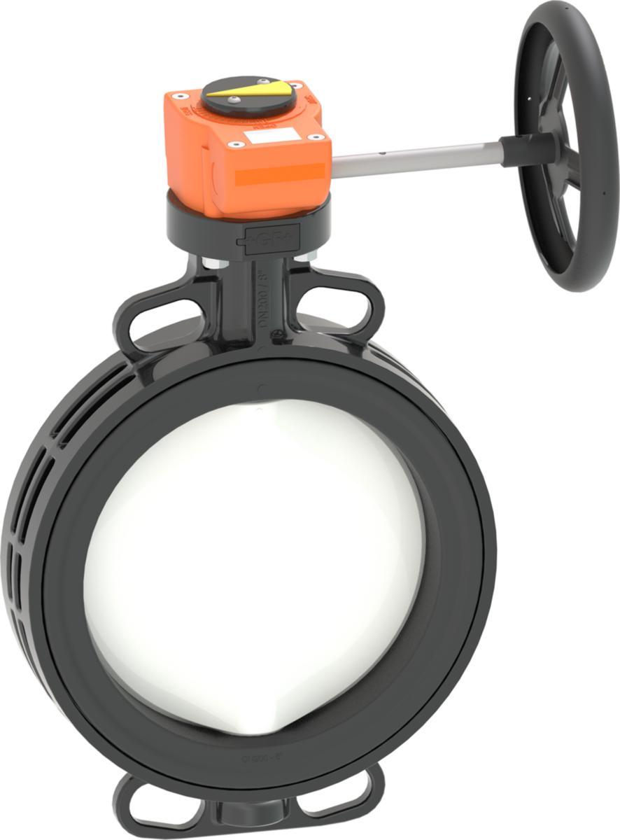 Vridspjällventil 565 PVDF/FKM med växel/ratt, GF - VRIDSPJÄLLVENTIL 565 DN50 PVDF/FKM, VÄXEL/RATT, GF