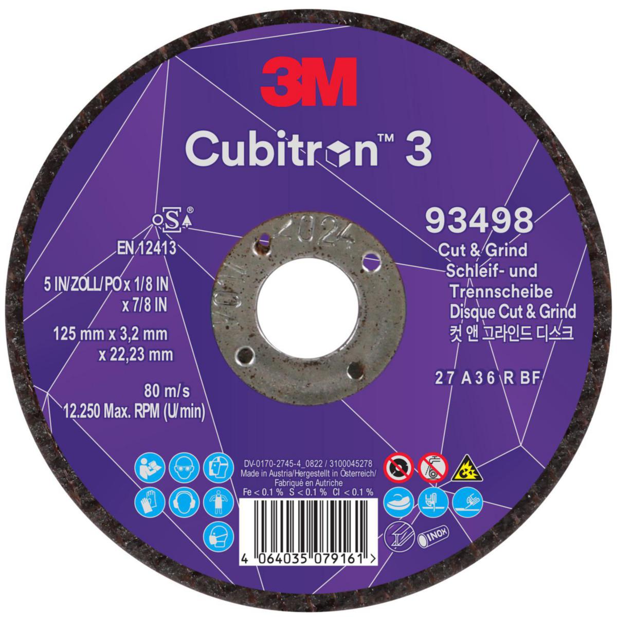 Kap- och sliprondell 3M Cubitron 3 T27 - KAP- OCH SLIPRONDELL 3M 93498 36+ T27 125MMX3.2MMX22.23MM EN