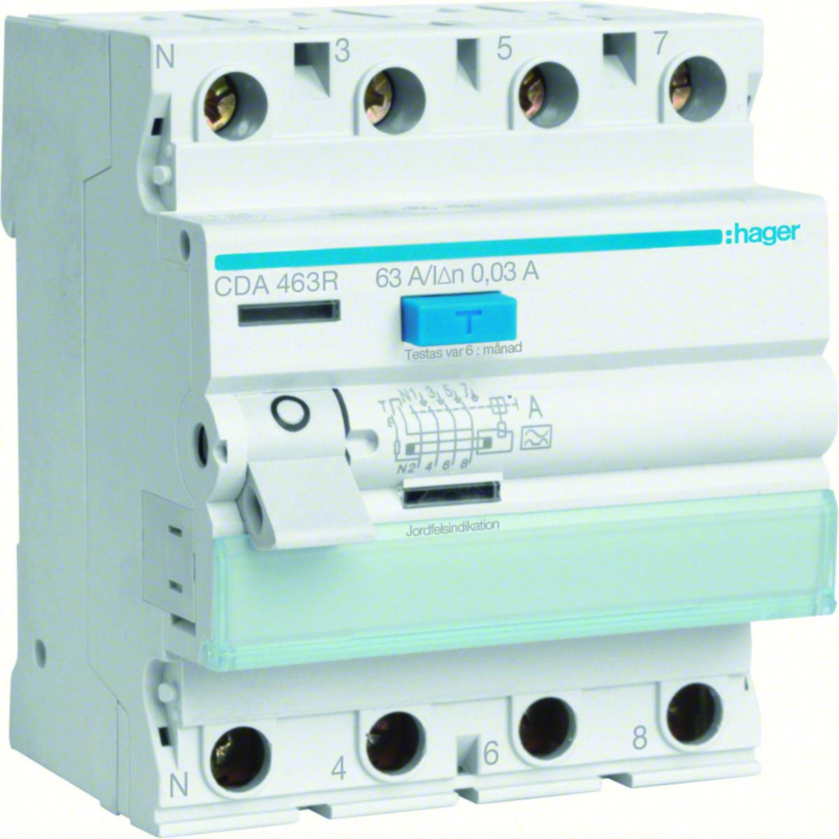 Earth fault breaker 4-pole type A, 25-63A - RCCB 4P 63A 30MA A CDA463R