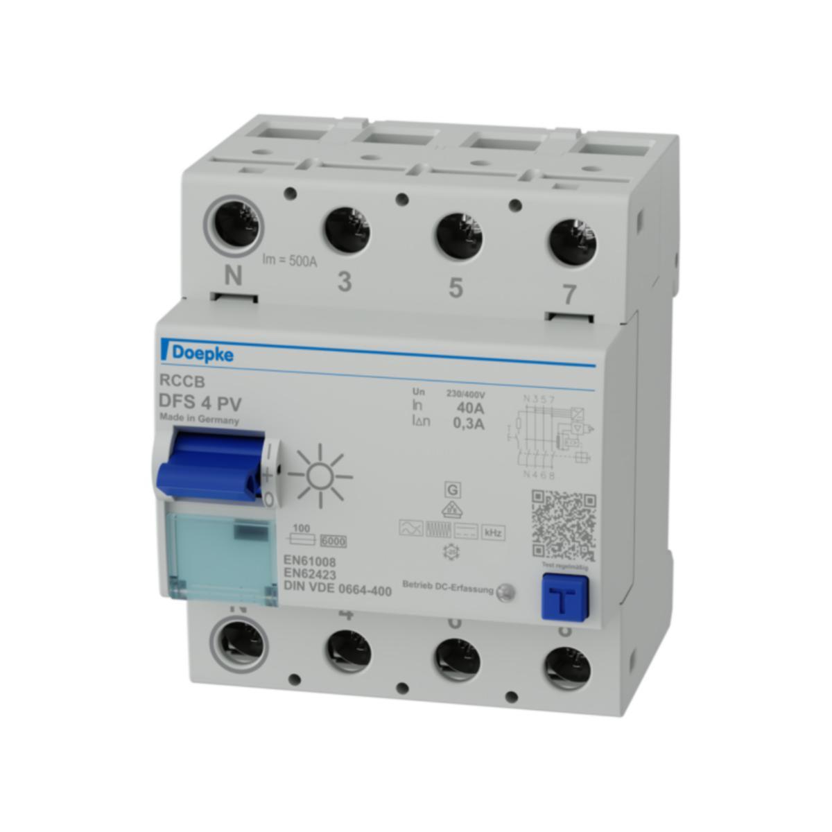 Jordfelsbrytare för Solceller - JFB 4-POL 40A 300MA SOL DFS 4 040-4/0,30-PV