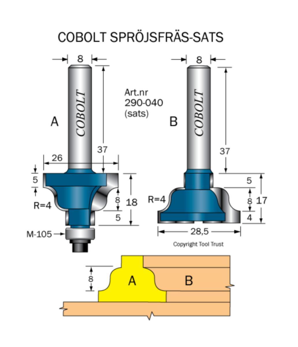 Mullion Set Cobolt HM "Allmoge" - CHAMFER SET CARBIDE R4 S8 2 MILLING CUTTERS, D26/28.5