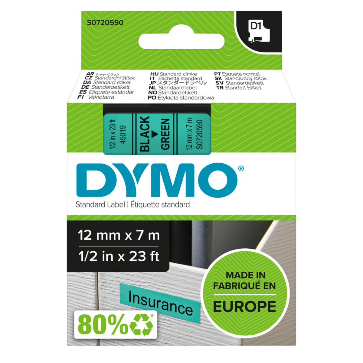 Märktejp Dymo D1 - MÄRKTEJP DYMO D1, 12 MM X 7 M SVART TEXT PÅ GRÖN TEJP