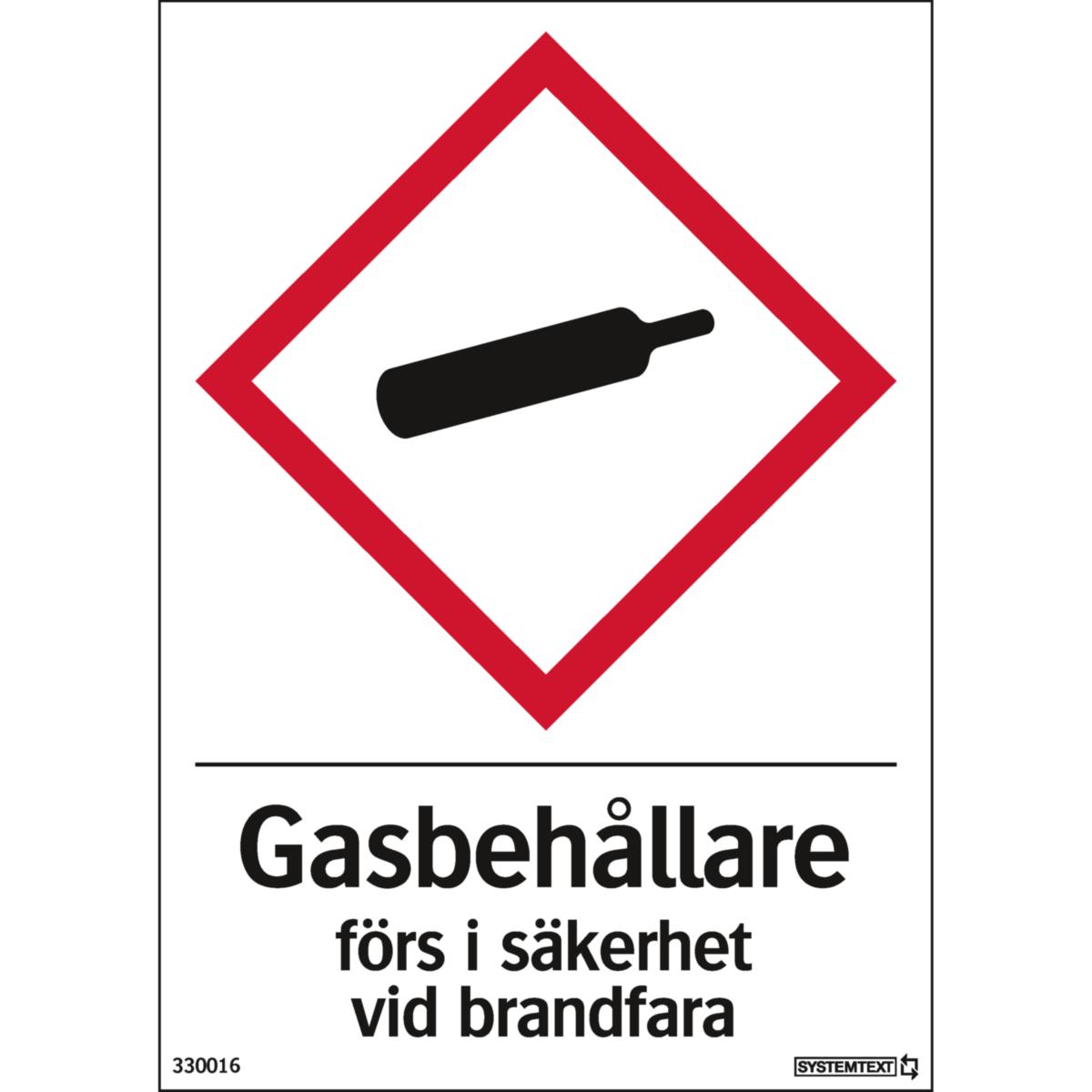 Kemisk märkningskyltar "gasbehållare" - SKYLT "GASBEHÅLL. FÖRS I SÄK" 33-0016 105X148MM HÅRDPLAST