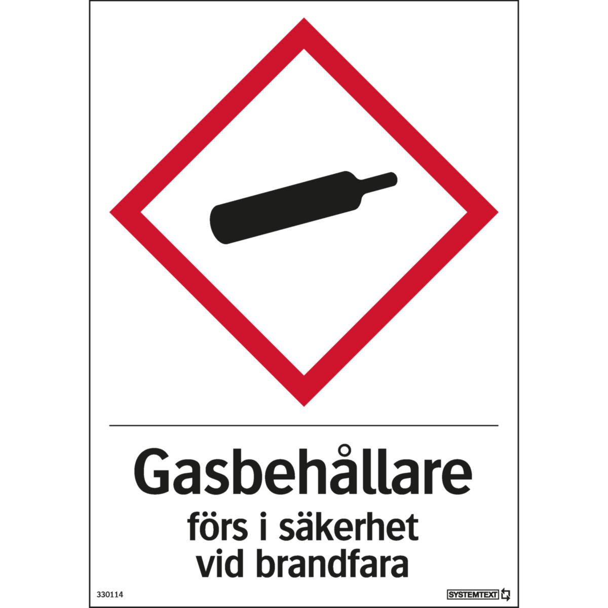 Kemisk märkningskyltar "gasbehållare" - SKYLT "GASBEHÅLL. FÖRS I SÄK" 33-0114 210X297MM HÅRDPLAST