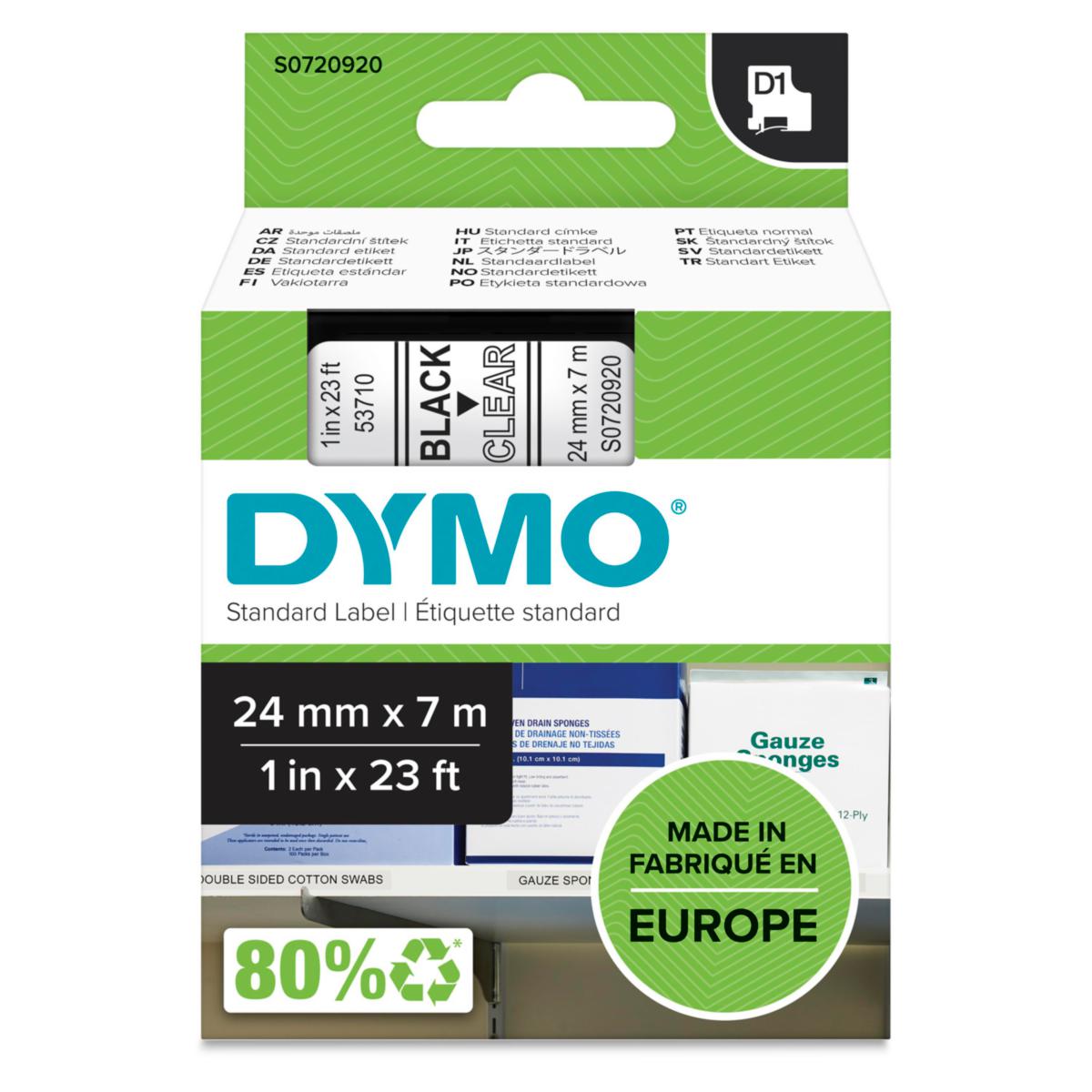 Märktejp Dymo D1 - MÄRKTEJP DYMO D1, 24 MM X 7 M SVART TEXT PÅ TRANSPARENT TEJP