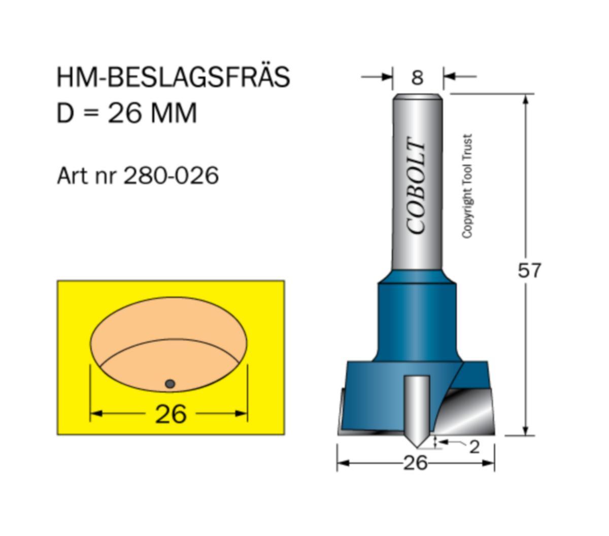 Hinge Cutter Cobolt HM - CARBIDE ROUTER BIT D26 TL57 S8