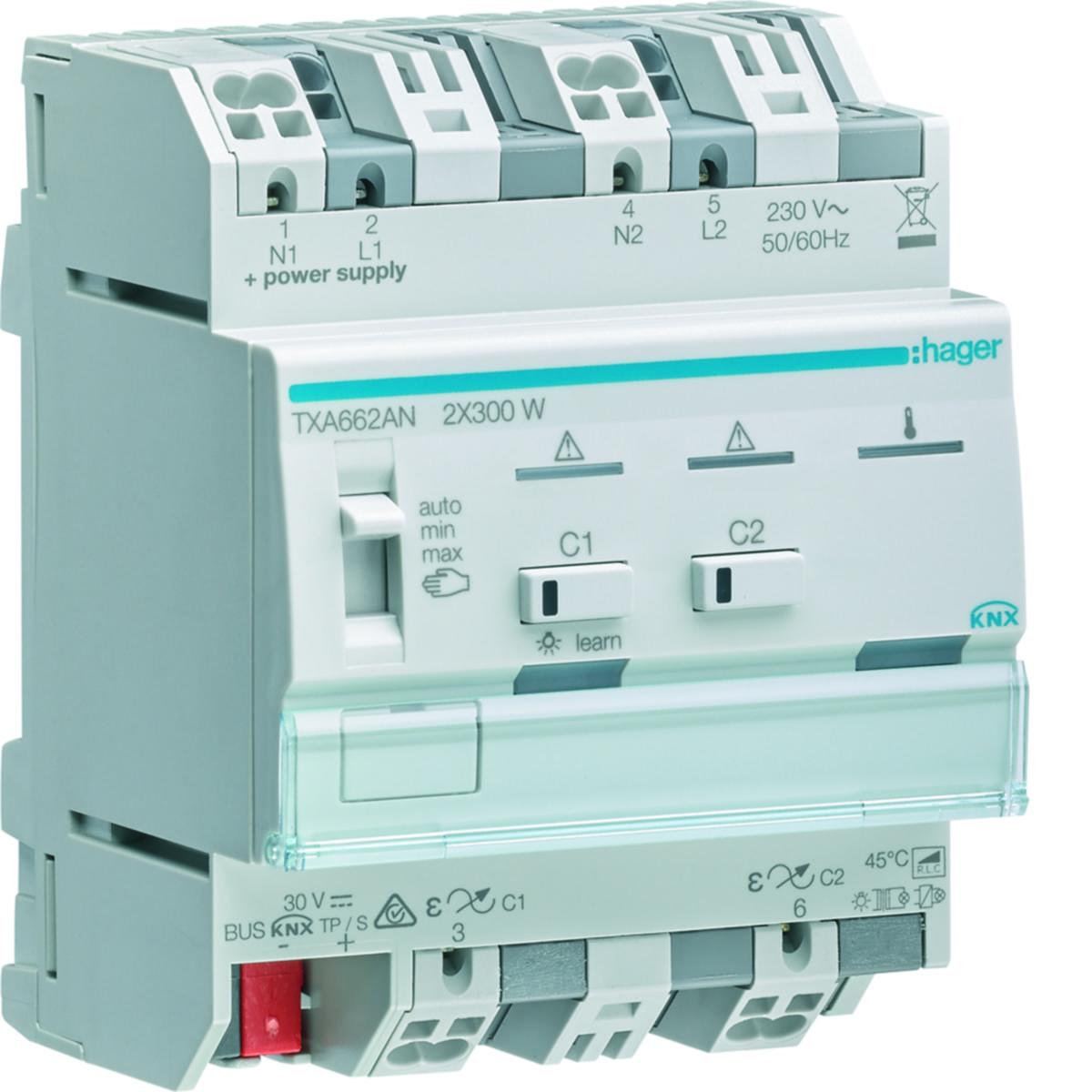 Universaldimmer TXA för LED/CFL, Hager - DIMMER EASY-KNX 2X300W TXA662AN