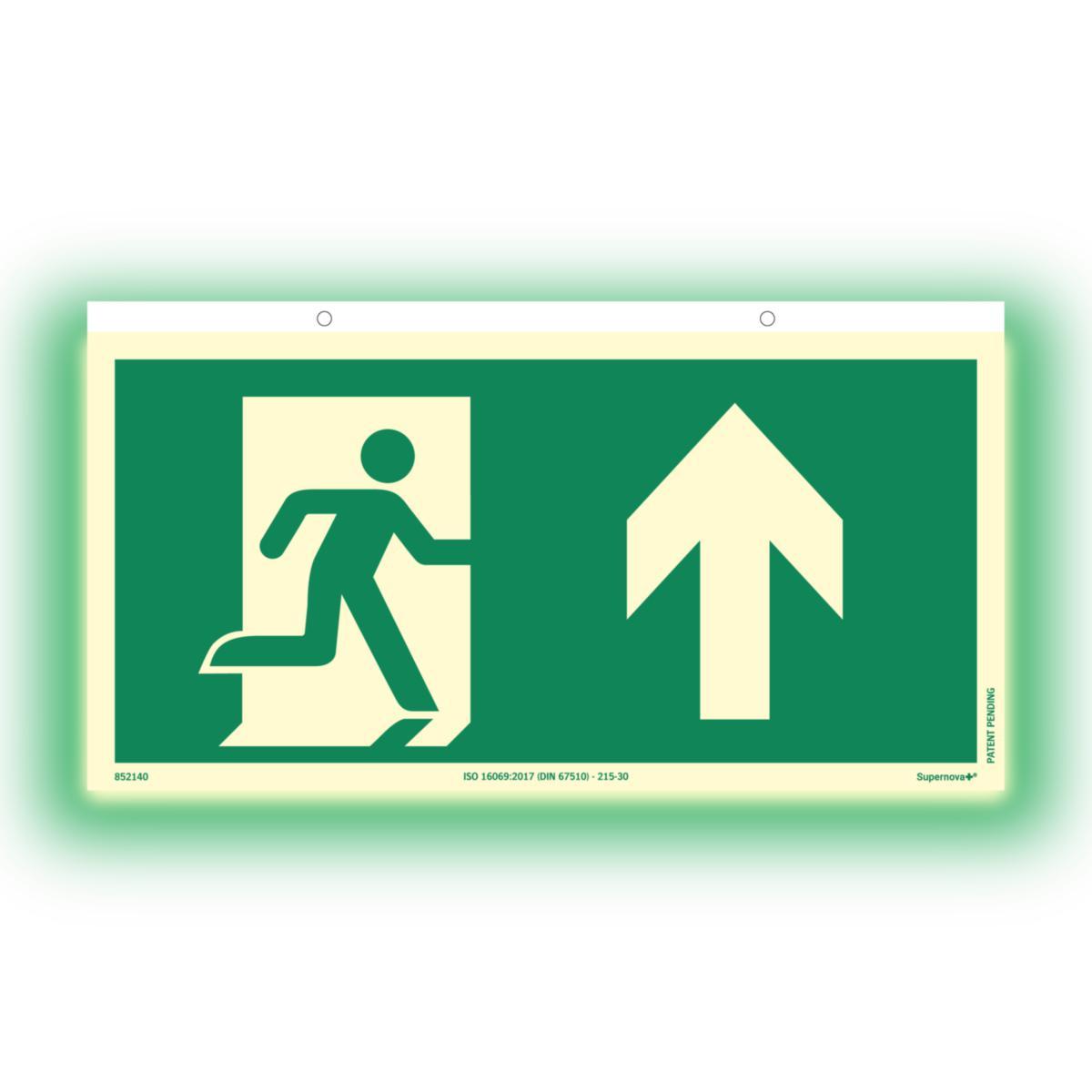 Färgefterlysande "utrymningsskyltar" ISO Supernova®+ - SKYLT "UTRYMNING RAKT FRAM" 300X160MM TAKSKYLT SUPERNOVA+®