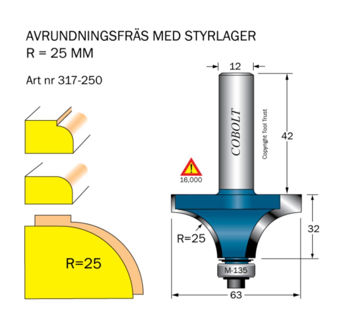 Radius Cutter Cobolt HM - ROUNDOVER BIT HM COBOLT R25 D63 L32 TL88 S12 BB:M135