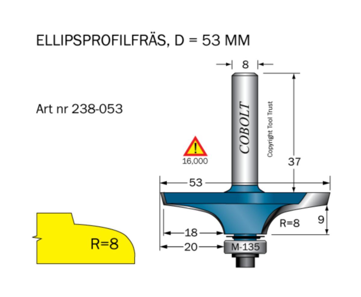 Elliptical Profile Router Bit Cobolt HM - PROFILING BIT HM COBOLT D53 L15 R8 TL64 S8 BB:M135