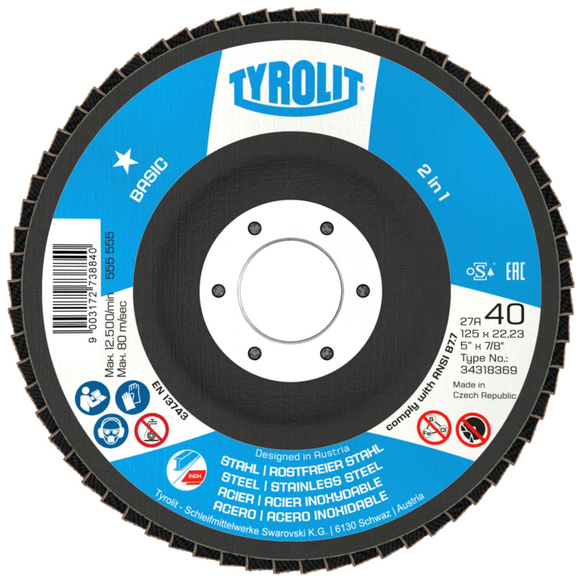 Flap disc Tyrolit Basic 2in1 Conical 27A - FLAP DISC TYROLIT BASIC CRANKED 27A 125X22 G40 2IN1
