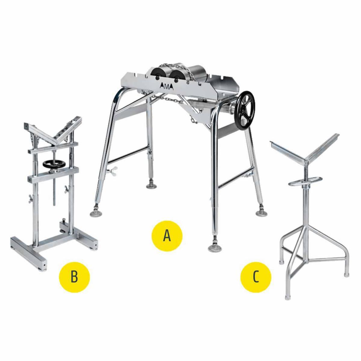 Pipe support Model A - PIPE STAND MODEL A 15-720 MM ROLLS & CHAIN MAX 1500 KG