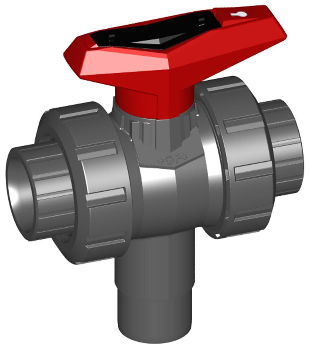 Trevägs-kulventil 543 PVC H L-port 2limmuff 1slätände FPM, Georg Fischer - 16 PVC-U 3-VG KULV TYP543 PN10 FPM LIMMUFF L-PORT VERTIKAL