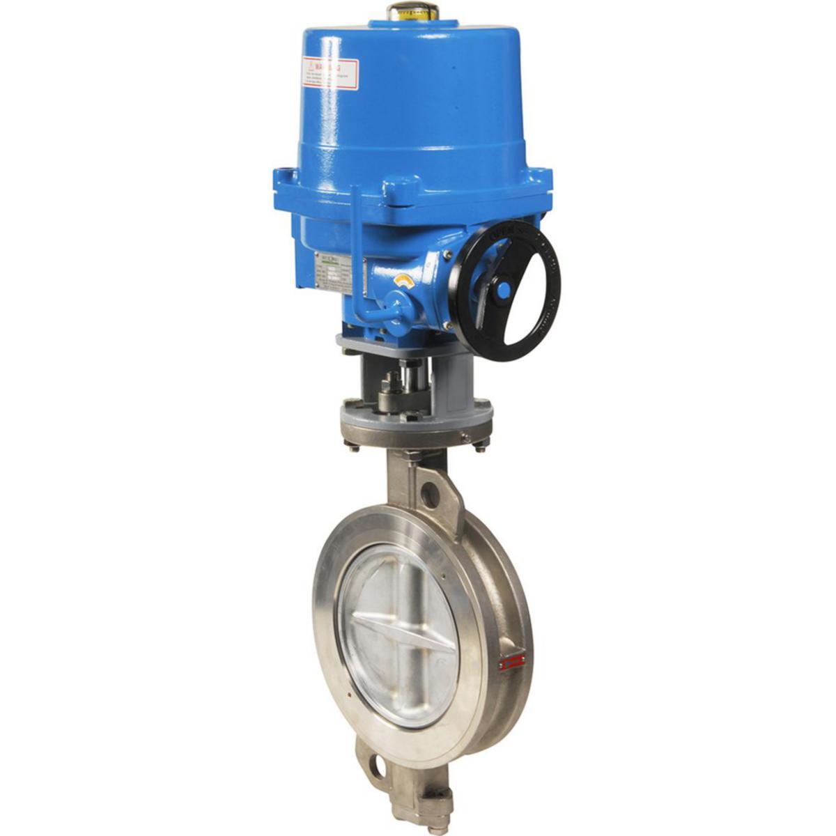 Elektrisk dubbelexcentrisk vridspjällsventil i rostfritt stål typ 1114 med spjällskiva i CF8M, grafitfylld PTFE säte, kläms mellan flänsar - DB EXC.VRIDSPJ 1114 DN150 PN25 WAFER CF8M PTFE NA28 230V